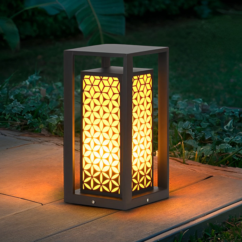 Floral Pattern Modern Bollard Path Light — Black Galvanized Steel, 10W LED, 3000K Warm White