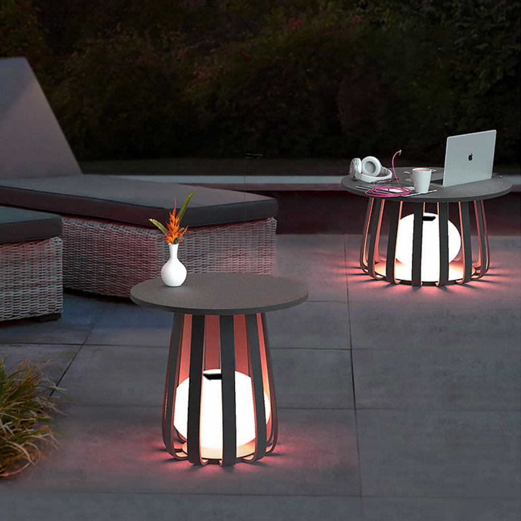 Round Solar Outdoor Lantern Side Table Light — Iron, RGB + Warm White LED, IP65 Weatherproof, 3.7W