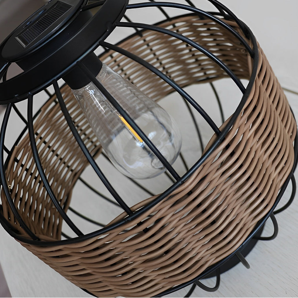 Rattan Cage Portable Outdoor Solar Lantern — Rustic Modern, IP55 Weatherproof, 9" Diameter