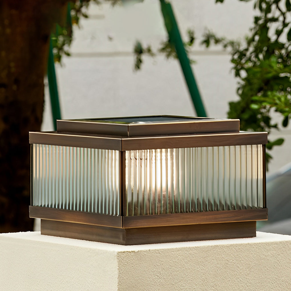 Modern Square Solar Fence Post Light — Copper and Tempered Glass, Remote Control, Intelligent Timing, Waterproof