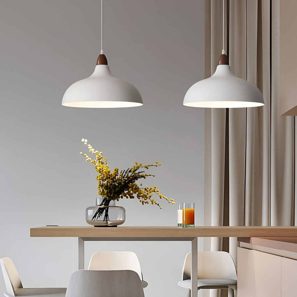 Round Wood Grain Pendant Light — Iron and Walnut, E27 12W, 14" Diameter, 47" Adjustable Cord