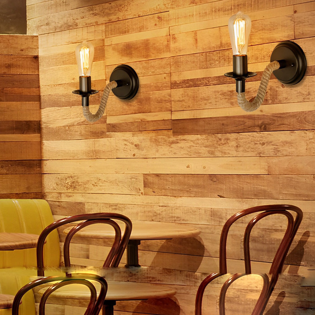 Retro Industrial Wall Sconce — Iron and Rope, E27, 10" × 5" × 6"