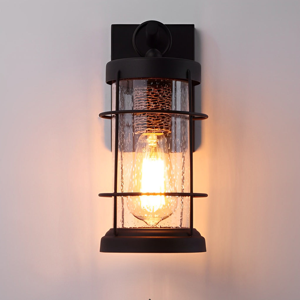 Rustic Lantern Outdoor Wall Sconce — Black Iron and Glass, E27, Waterproof, 5" × 12"