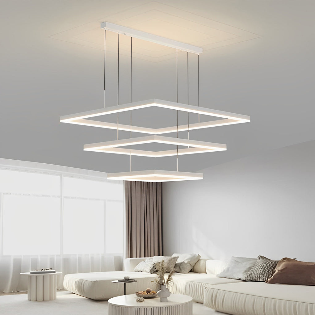 Ultra-Thin Square Ring LED Chandelier — White Aluminum, Three-Step Dimming, 3000K/4500K/6000K