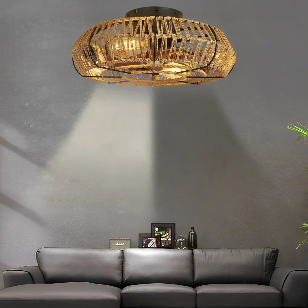 Industrial Style Inverter Ceiling Fan Lamp with Creative Rattan and Iron Design Luxe
