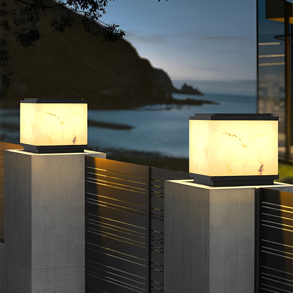 Modern Square Fence Post Pillar Light — Die-Cast Aluminum, Imitation Marble, Solar LED, 3000K, IP65 Waterproof