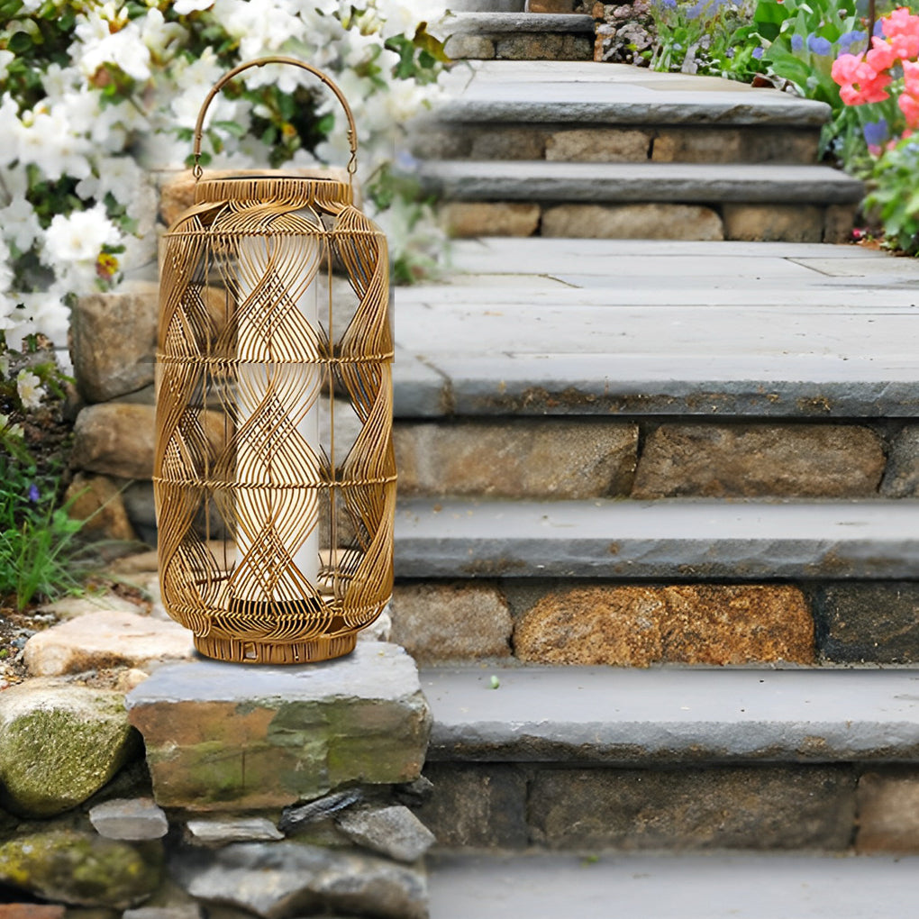 Rattan Solar Floor Lamp — PE Rattan and Iron, LED 3000K Warm White, Portable, Waterproof, 12" x 29"