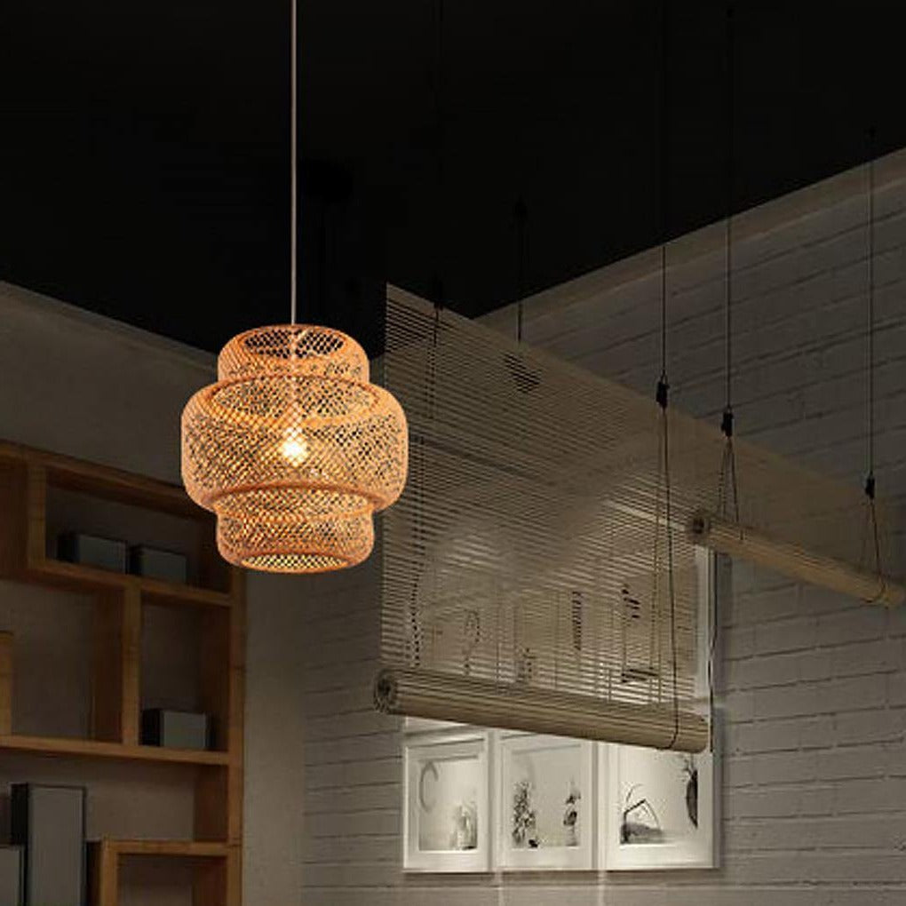 3-Tiered Bamboo Woven Pendant Light — Natural, Single Cylinder, E26, 60W, 15" Diameter, 48" Adjustable Cord