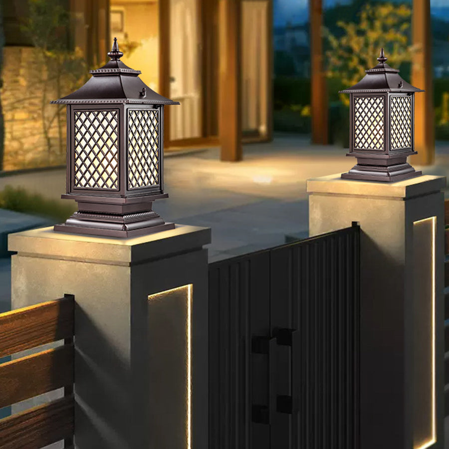 Lantern-Style Outdoor Pillar Light — Aluminum & Glass, Solar or Hardwired, 3-Step Dimming (3000K/4500K/6000K), IP65, E27