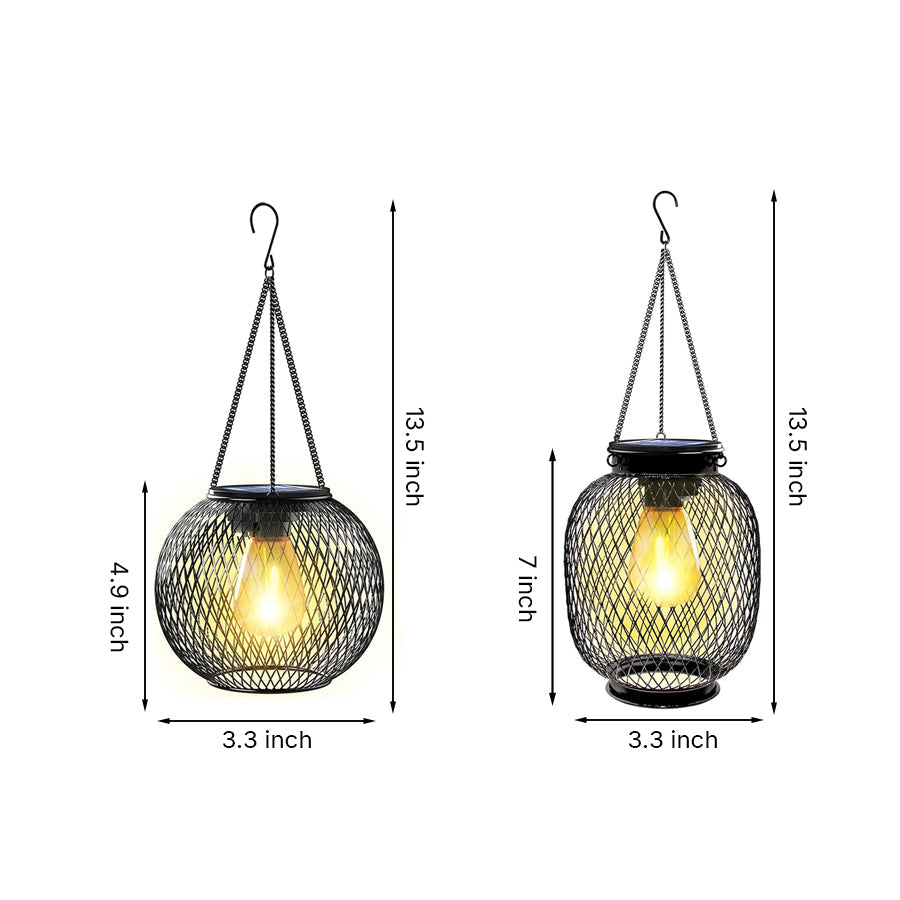 Vintage Solar Hanging Lantern — Black Iron Mesh, Warm White 2700K, Dusk-to-Dawn, Round or Oval