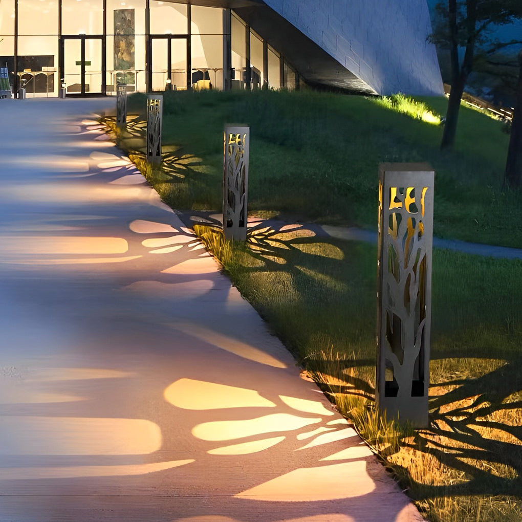 Hollow-Out Branch Solar Bollard Light — Stainless Steel, LED, IP54, Dusk-to-Dawn, 23.6" or 31.5"