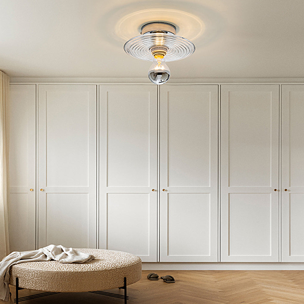 Round Striped Wall Sconce / Flush-Mount — Electroplated Iron and Glass, E27, 3000K, 7.9" Diameter