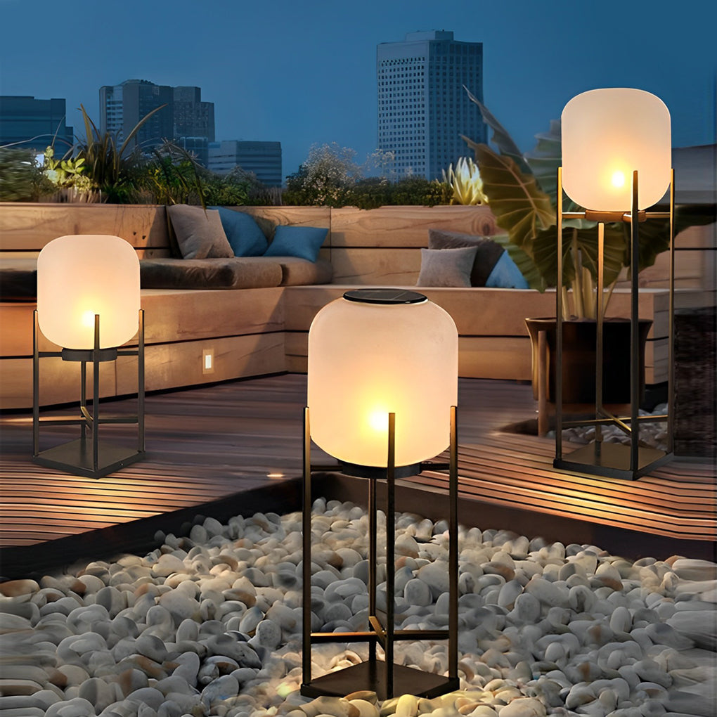 Lantern Outdoor Floor Lamp — Black Stainless Steel & Acrylic, LED, Solar or Hardwired, IP65, 3000K
