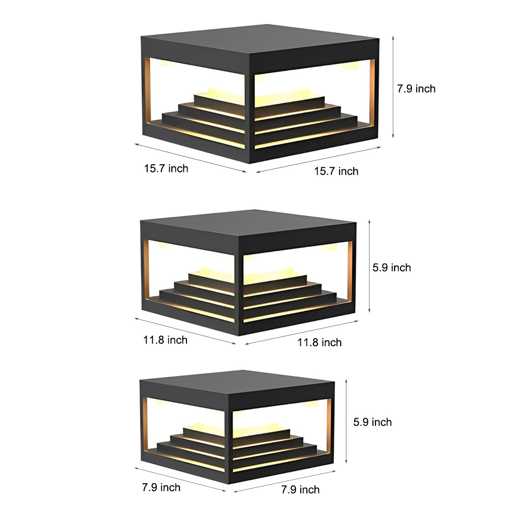 Modern Square Solar Post Cap Light — Black Stainless Steel, LED 3000K, IP65, 7.87"–15.75"