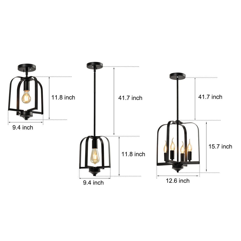 Industrial Iron Cage Chandelier — Black Iron, 1-Light or 4-Light, Hardwired