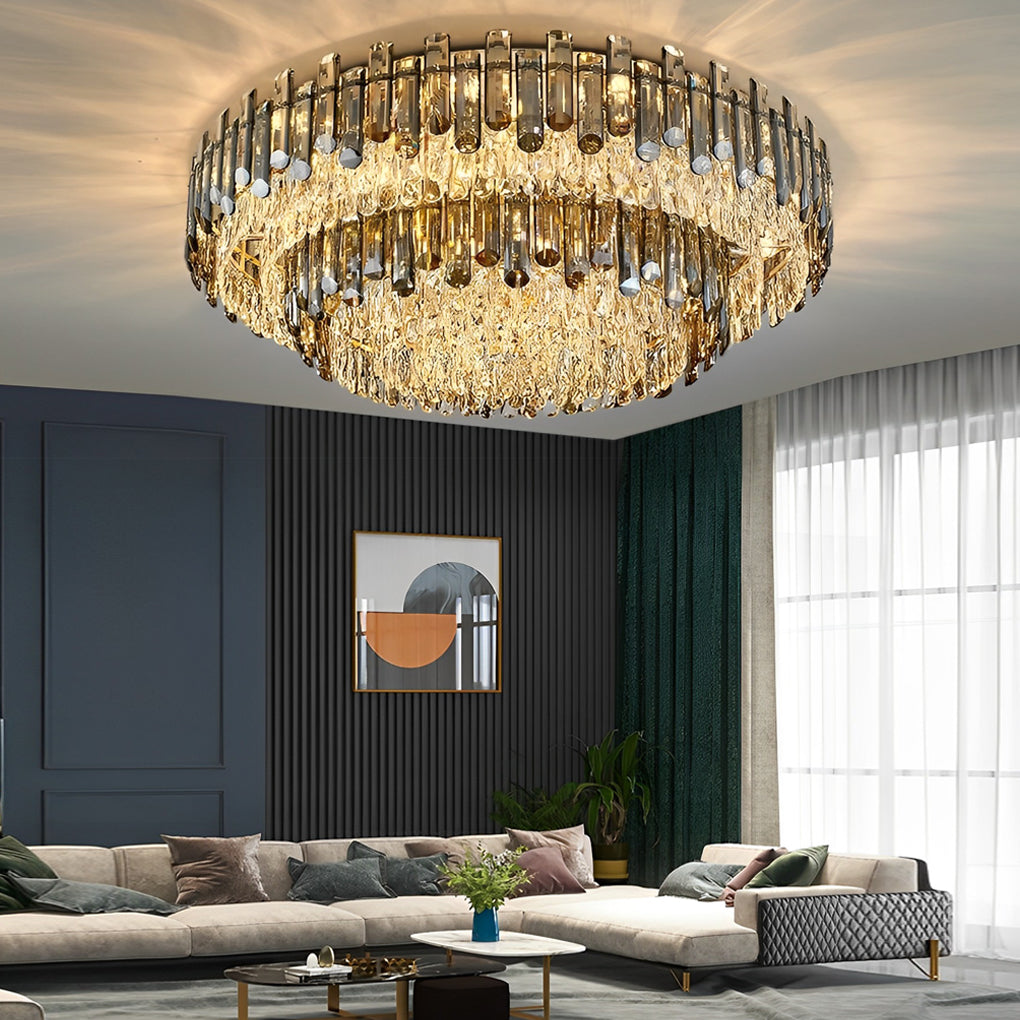 Round Crystal Flush-Mount Ceiling Light — Metal and Iron, Three-Step Dimming, 3000K/4500K/6000K, 20"–39" Sizes