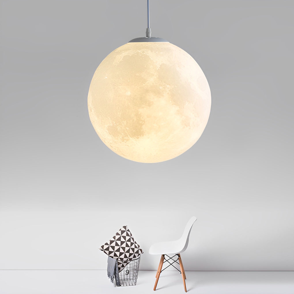 3D Moon Sphere Pendant — Iron, Lunar-Texture Lampshade, Adjustable Hanging Wire, 7.9"–15.7"