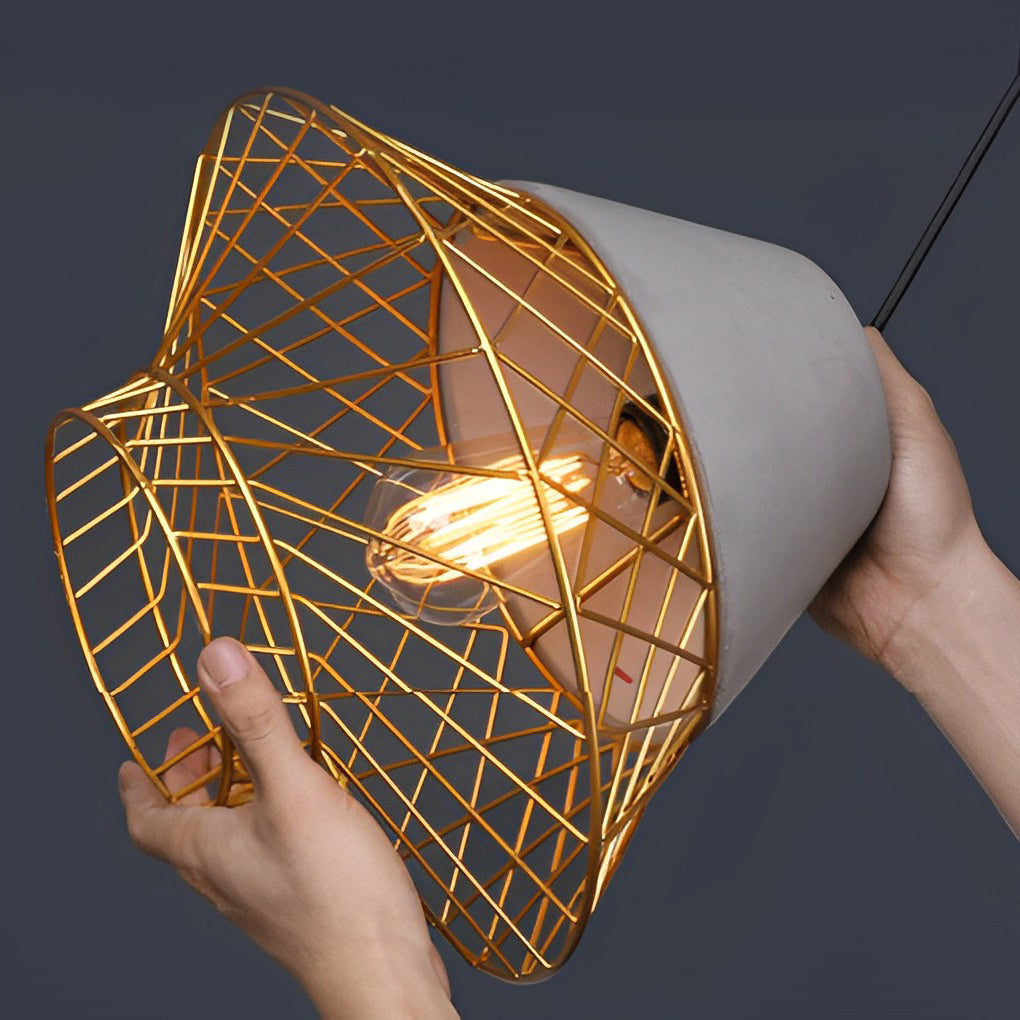 Retro Industrial Pendant Light — Cement and Iron Cage, E27, 13" Diameter, Kitchen Island / Dining