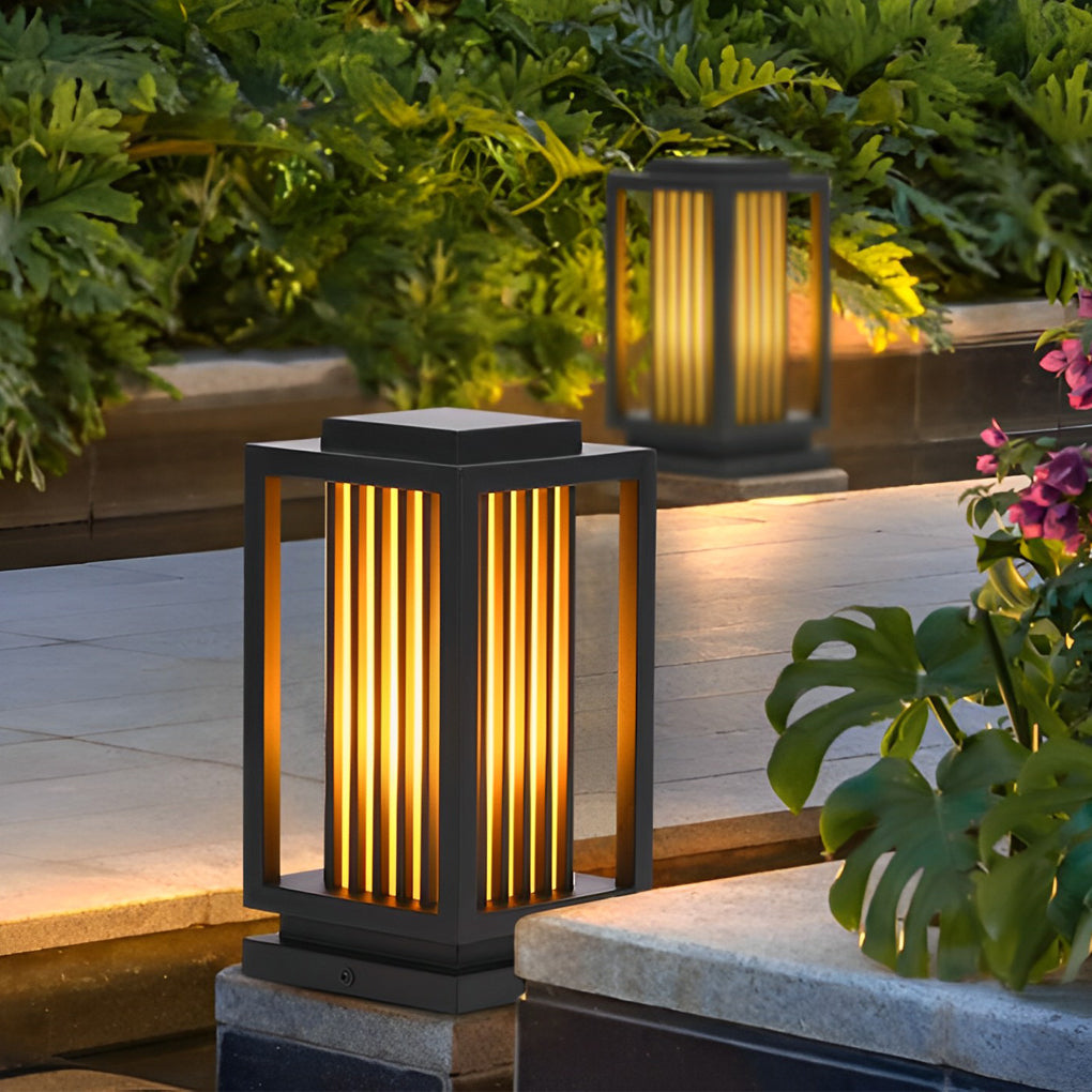 Modern Cage Bollard Pathway Light — Black Galvanized Steel, Imitation Marble Finish, LED 3000K, IP65