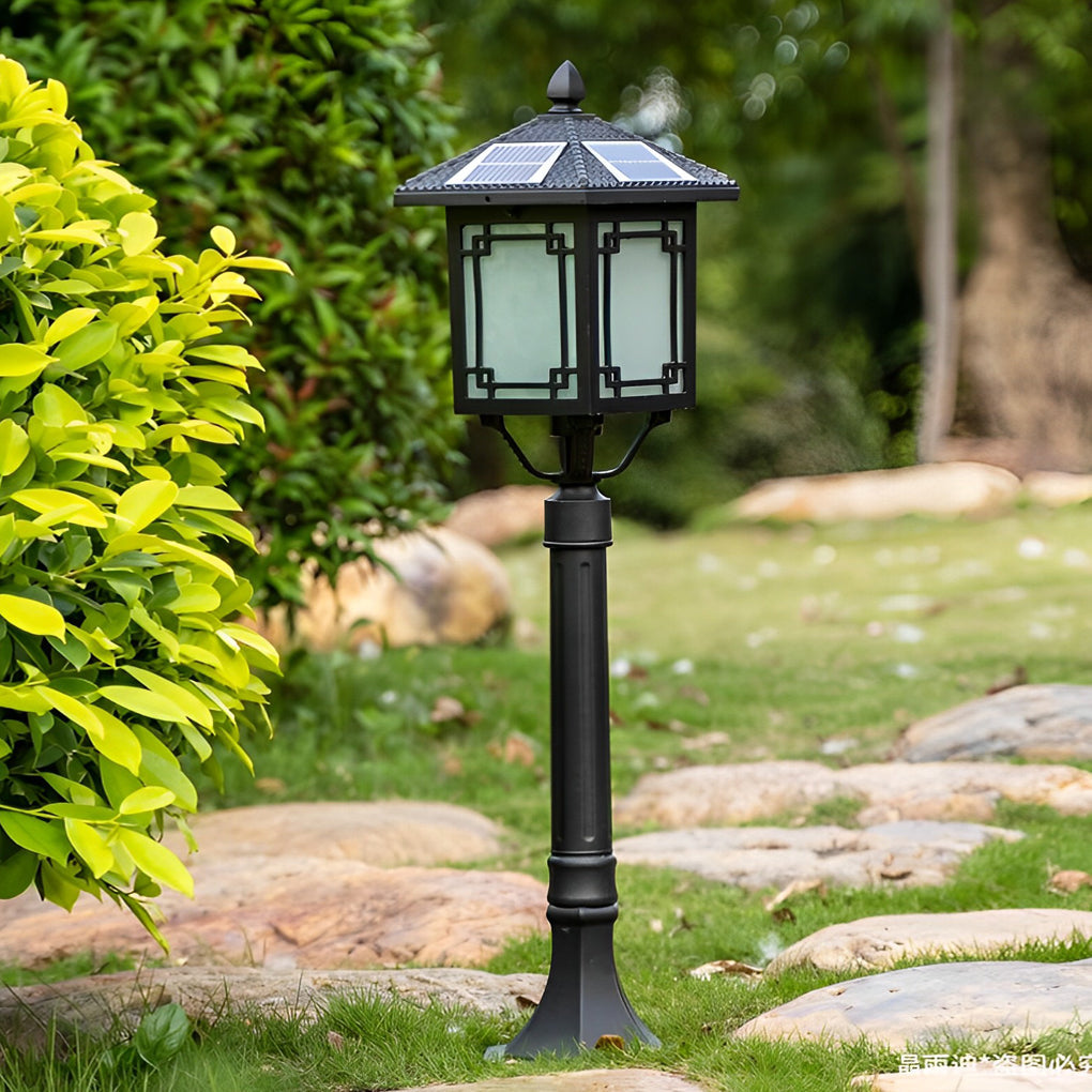 Ancient House-Style Solar LED Post Light — Aluminum and Glass, 7W, IP54, 3-Step Dimming, Remote Control