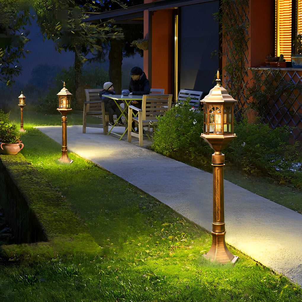 Slim Industrial Outdoor Post Light — Die-Cast Aluminum, Cylindrical Glass, E27, 32" H, Black / Bronze