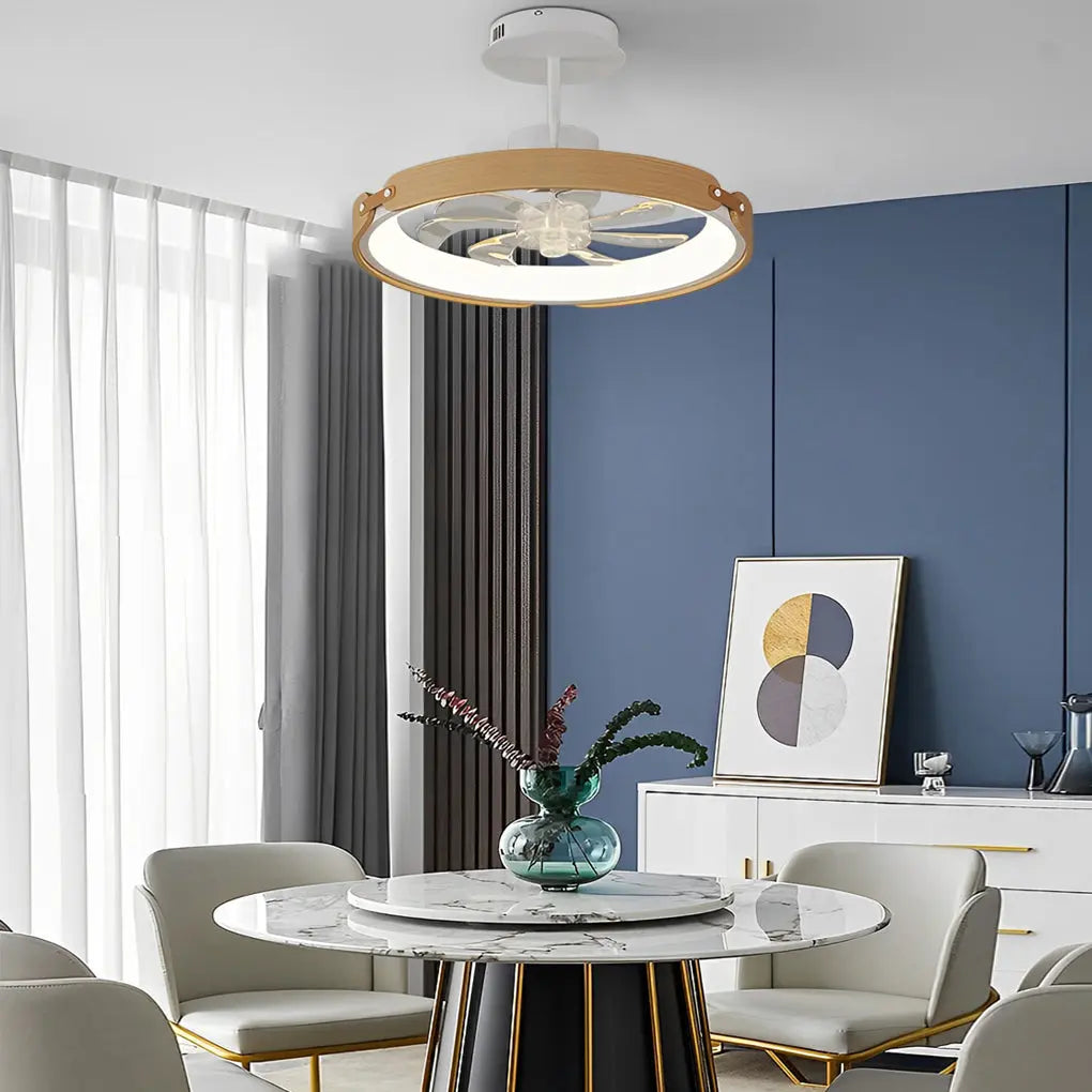 Modern Bladeless Ceiling Fans with Round Wood Design, LED Lighting, and 3-Step Dimming App Control Luxe