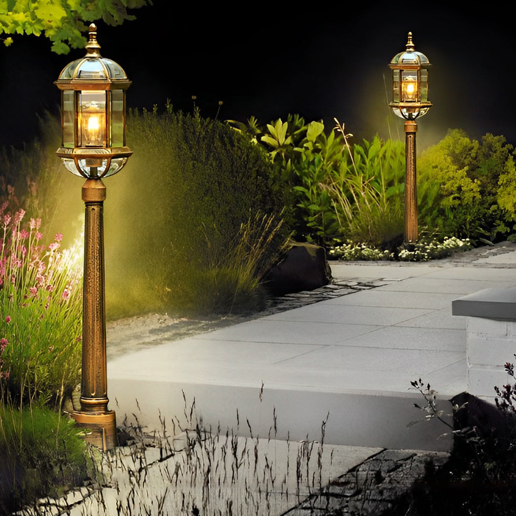 Vintage Golden Outdoor Post Light — Die-Cast Aluminum and Glass, E27, 46" H, Waterproof Rustproof