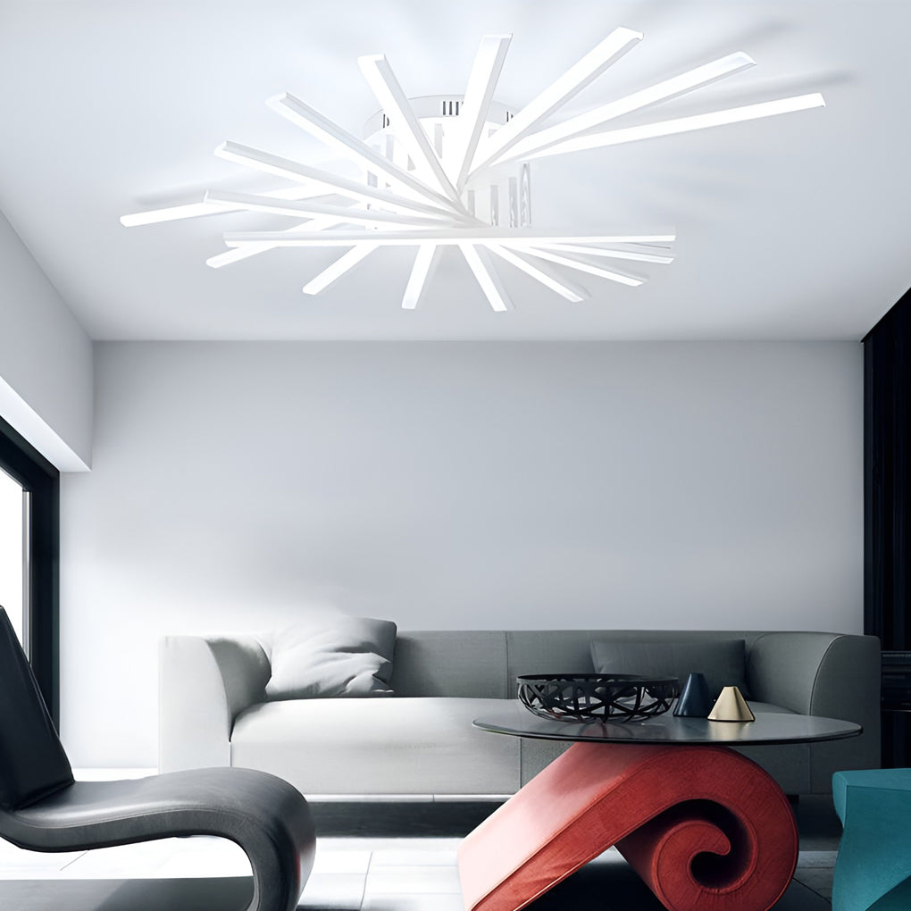 Modern Minimalist Strip LED Semi-Flush Chandelier — Iron and Acrylic, White, Stepless Dimming, Remote Control, 7- or 9-Light