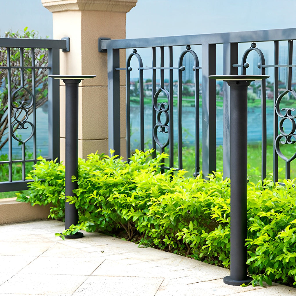 Round Solar Bollard Light — Die-Cast Aluminum, Black, Dusk-to-Dawn, Waterproof, 24"/31"/39"