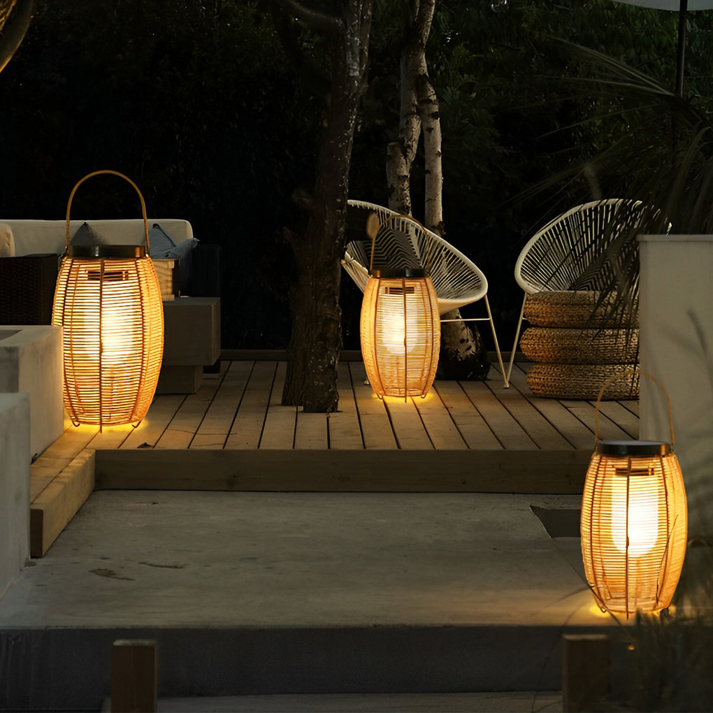 Hand-Woven Rattan Solar Portable Lantern Floor Lamp — Iron, LED, IP65 Weatherproof, 4500K