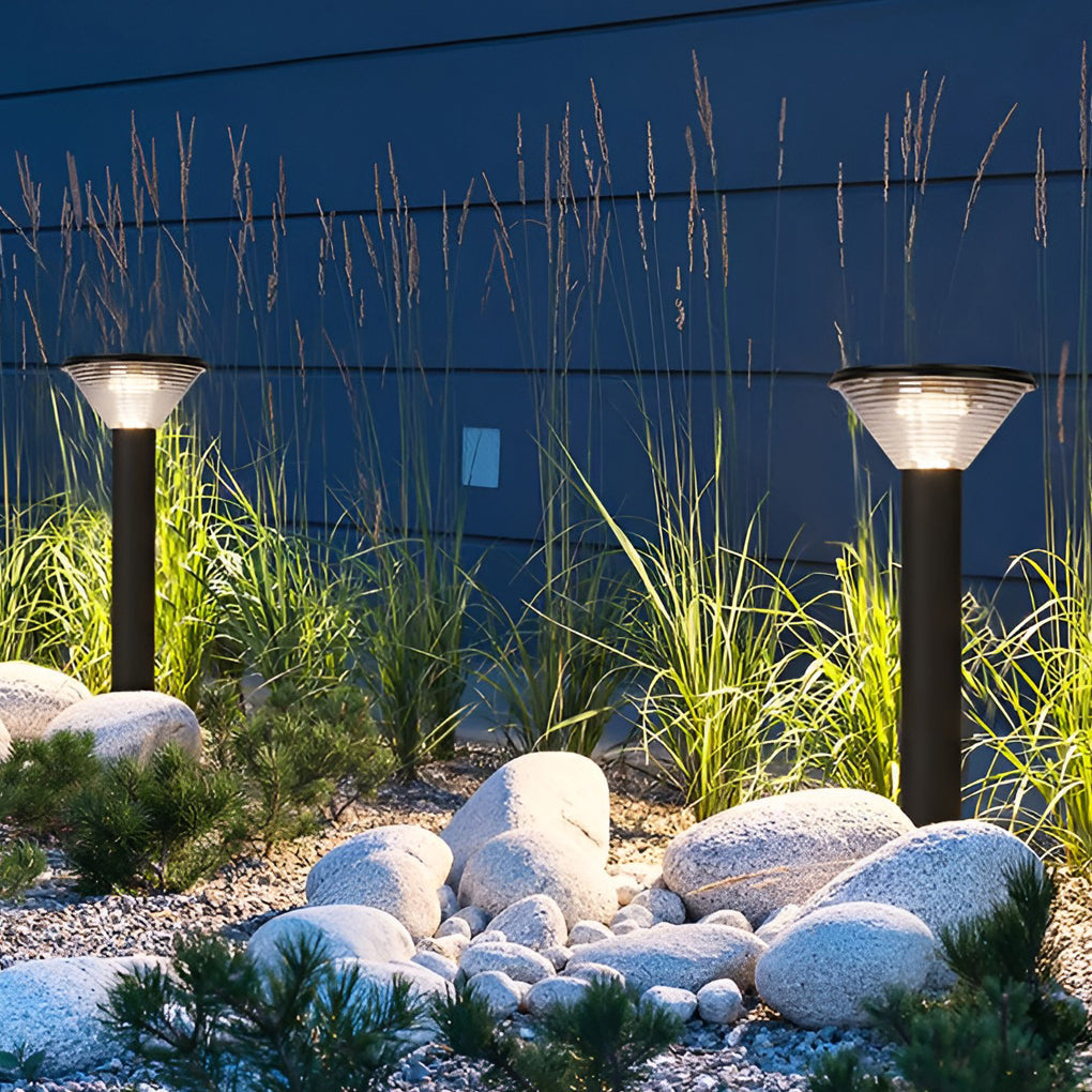 Modern Cylindrical Tapered Solar LED Bollard Light — Black Aluminum, 3-Step Dimming, Remote Control, 24" or 31"