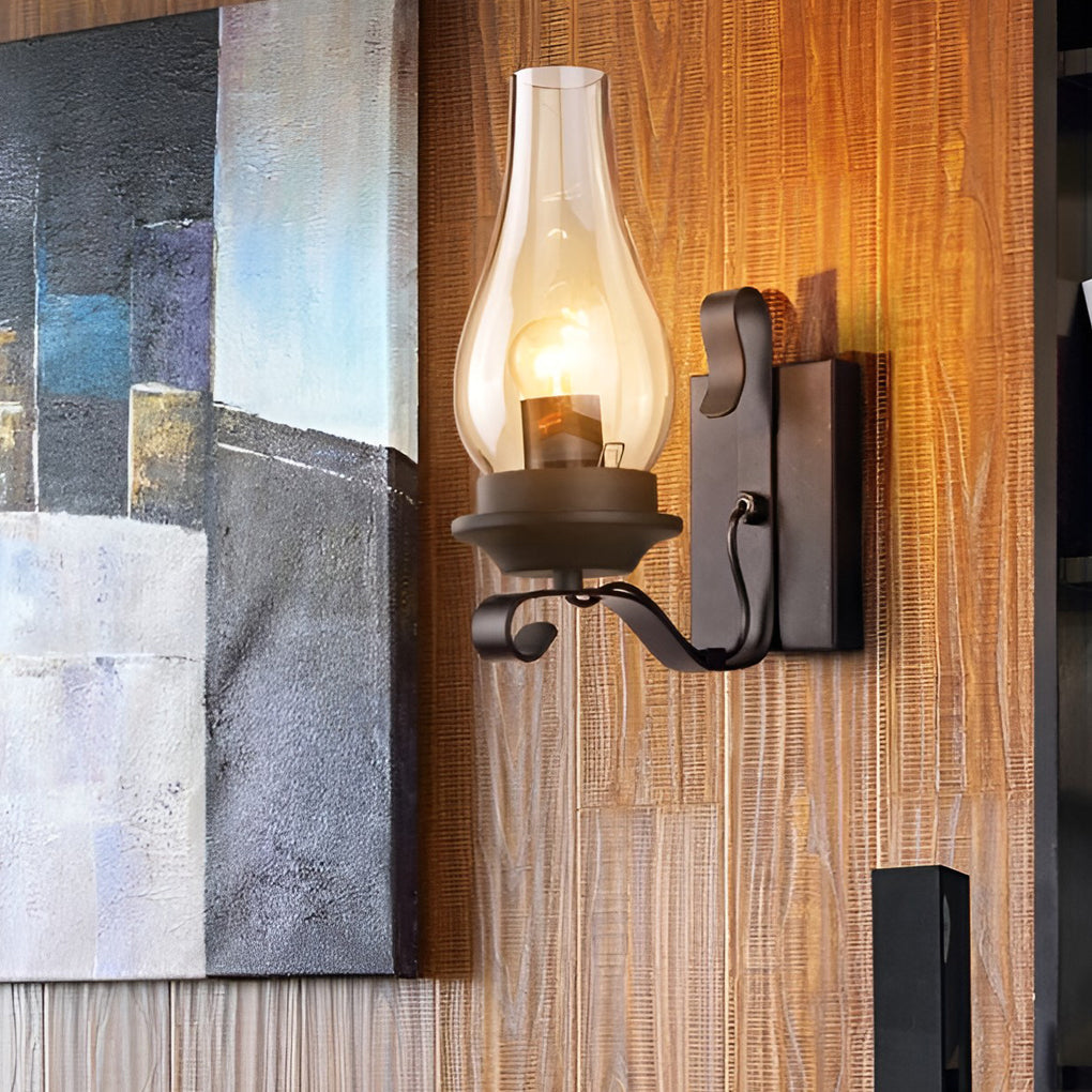 Industrial Retro Wall Sconce — Black Iron, E27, Blown Glass Shade, 8" × 12"