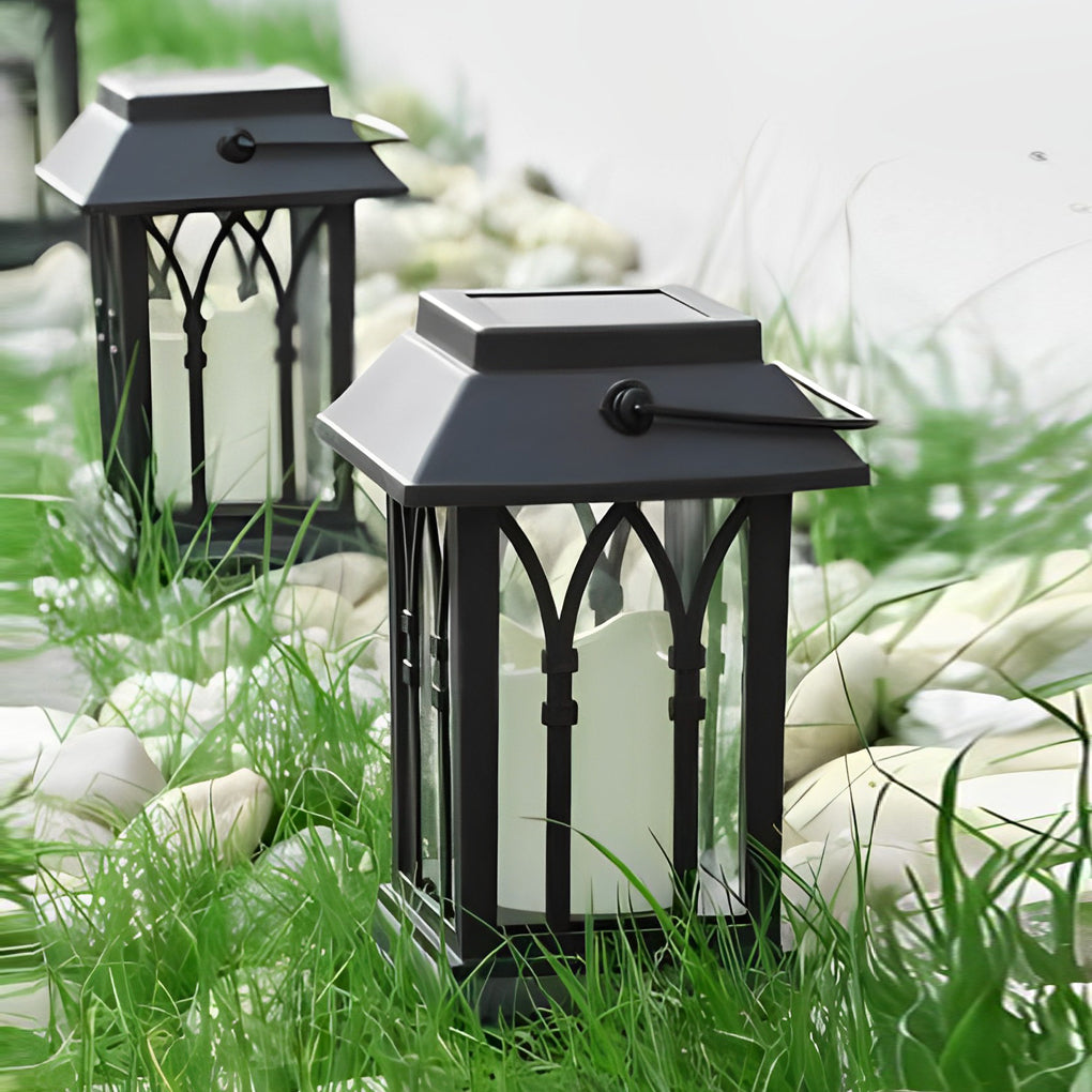 Black Solar Outdoor Portable Lantern — Glass, LED, IP54 Weatherproof, 3000K Warm White