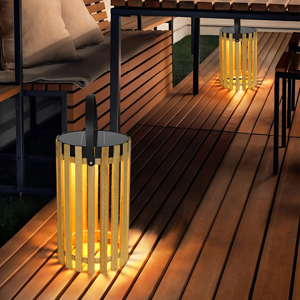 Rustic Modern Solar Portable Lantern — Wood and Aluminum, LED Warm White (3000K), Waterproof, 8" × 12"