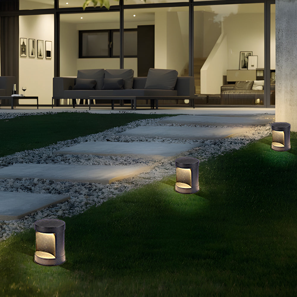 Contemporary Outdoor Cylinder Bollard Light — Aluminum and Frosted Glass, LED, Solar or Hardwired, IP65, 15W, Black