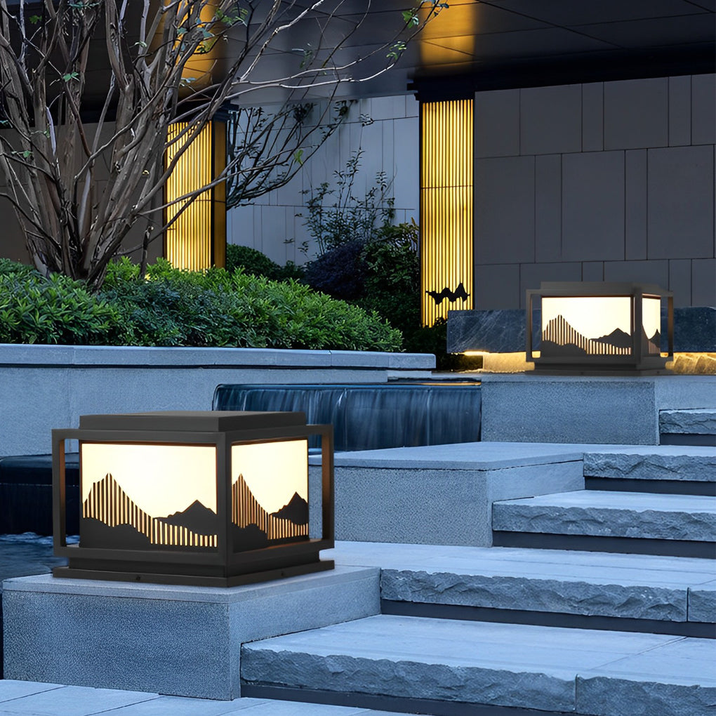 Square Solar Post Cap Light — Galvanized Steel & Acrylic, Mountain Scenery, LED E27, Hardwired / Solar, Warm White 3000K
