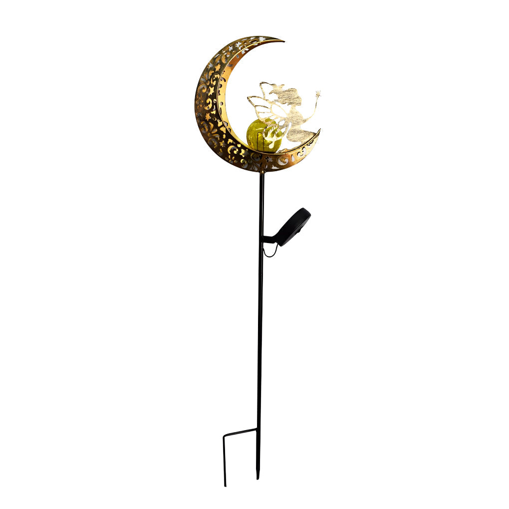 Moon, Sun & Flame Hollow Iron Solar Garden Stake Light — Cracked Glass Globe, LED, IP55 Weatherproof