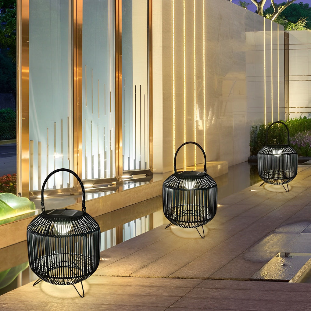 Retro Rattan Portable Outdoor Lantern — Iron and Wicker, Solar-Powered, IP65 Weatherproof, 10" × 16"