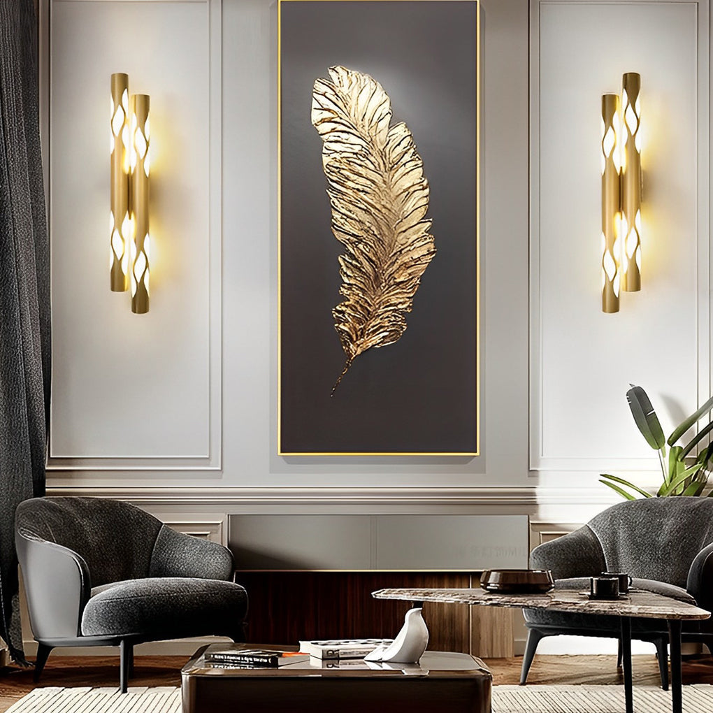 Flame Hollow Up/Down Wall Sconce — Metal and Acrylic, LED, 4" × 26", Black or Titanium Gold