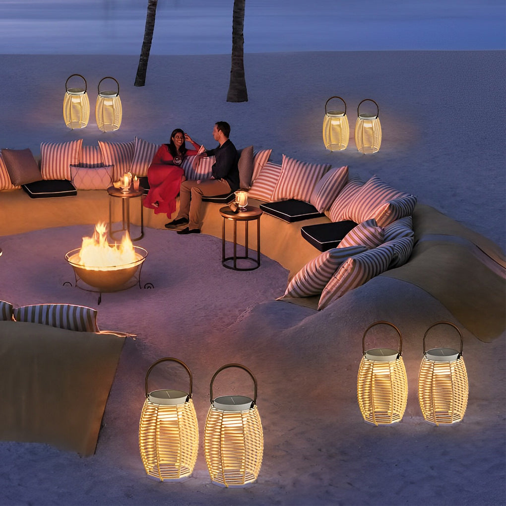 Rattan Solar Portable Outdoor Lantern — Stainless Steel, 3000K Warm White, IP54 Weatherproof, 180° Rotating Handle