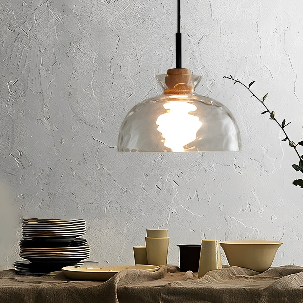 Round Glass and Wood Mini Pendant — Modern Minimalist, 3000K Warm White, Adjustable 59" Cord