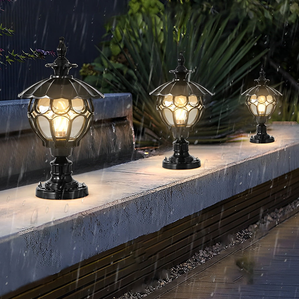 Flower Ball Outdoor Pillar Light — Die-Cast Aluminum, Cognac Glass, E27, 9" × 17", Black / Bronze