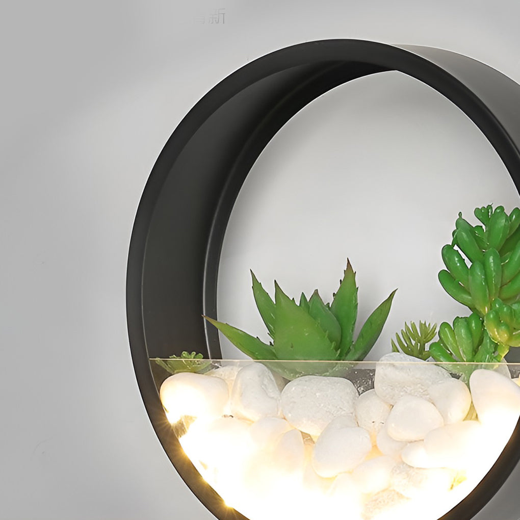 Modern Outdoor Wall Sconce with Artificial Stone and Plant Landscape — Iron, 18W LED, Round, 8"/12"/20"