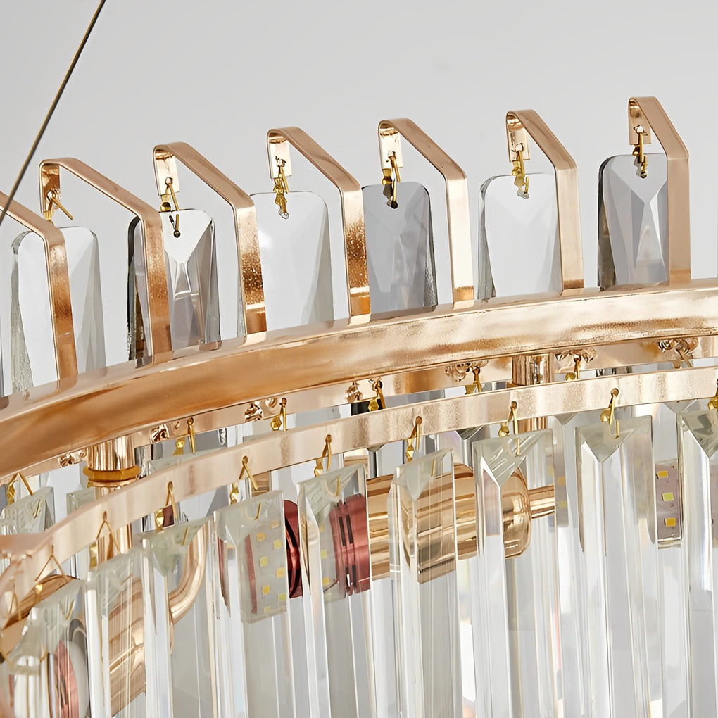 Modern Double-Layer Round Crystal Chandelier — Gold Electroplated Metal, Raindrop Crystal, Adjustable Height, 20"–39" Diameter