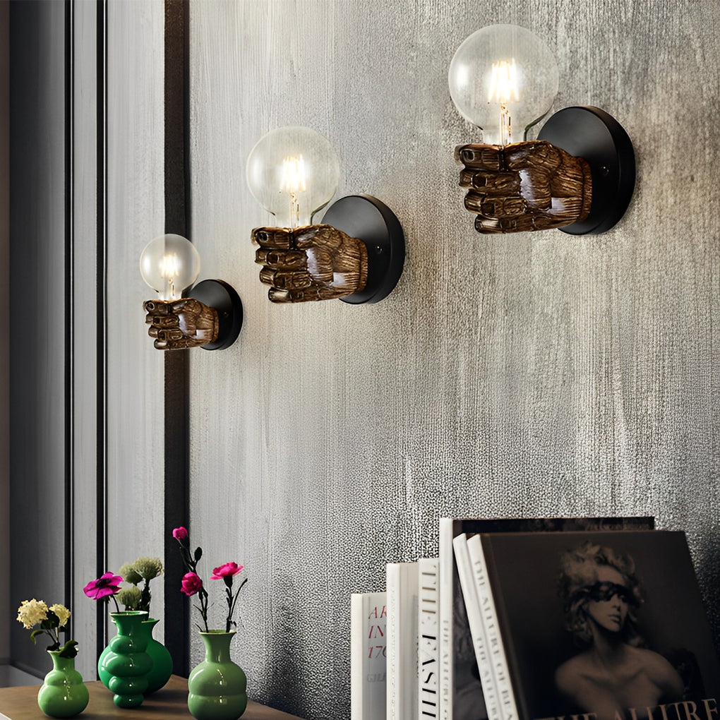 Fist-Shaped Retro Industrial Wall Sconce — Resin and Iron, E27, Engraved Baked-Varnish Finish