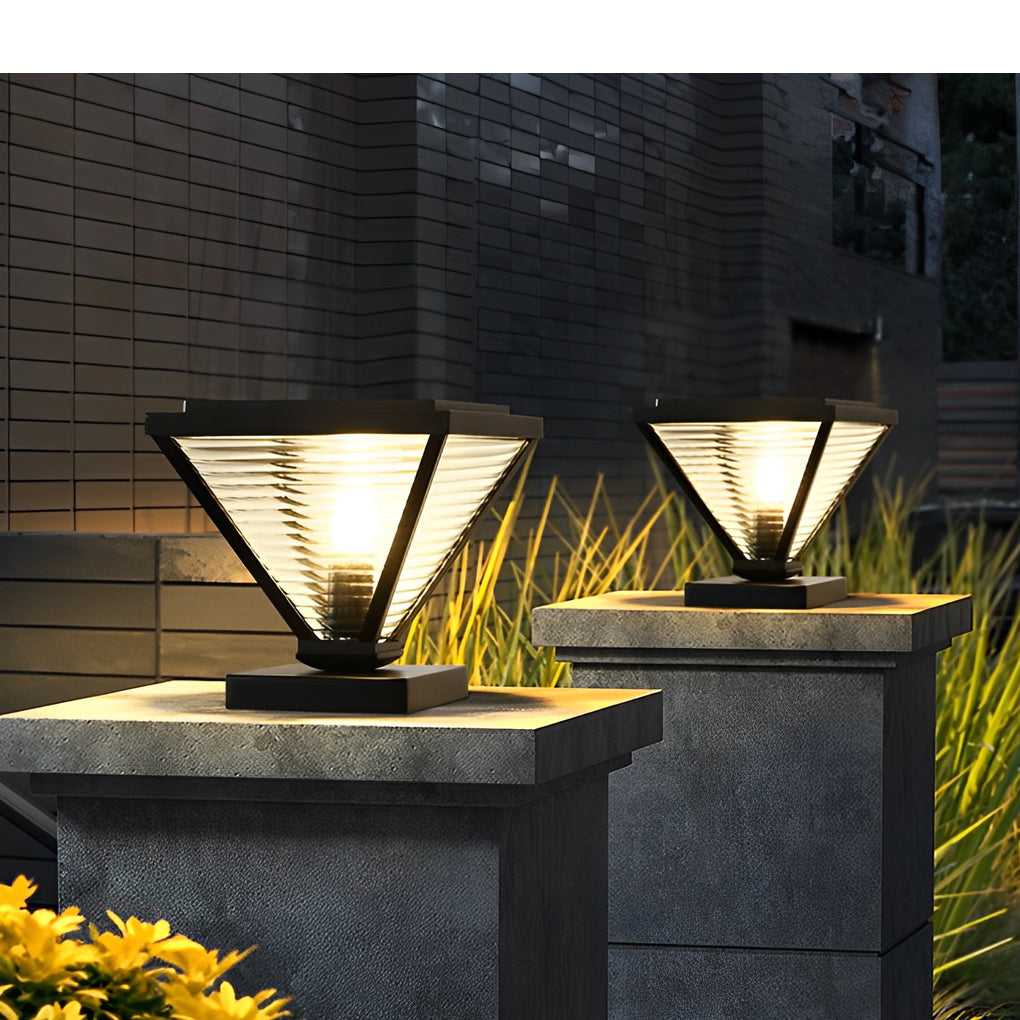 Geometric Solar Fence Post Light — Stainless Steel and Glass, Black, LED 3000K, IP-Rated Weatherproof