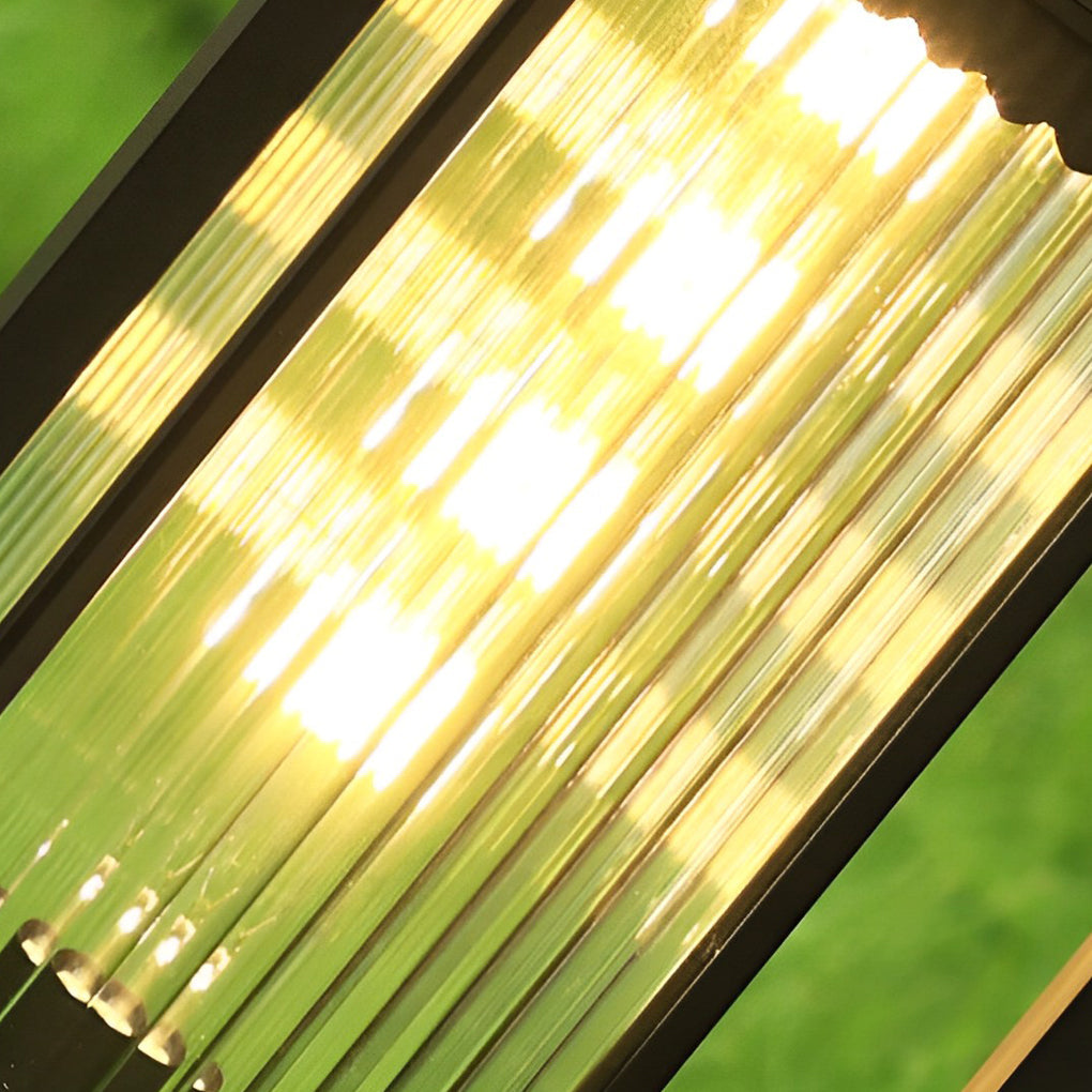 Square Solar Bollard Path Light — Black Die-Cast Aluminum, Ribbed Glass, 3000K LED, Auto Dusk-to-Dawn