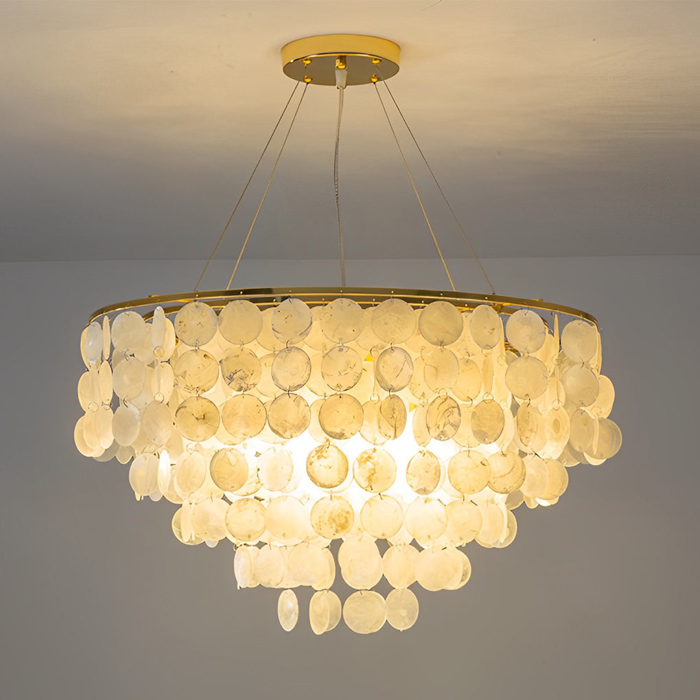 Modern Chandelier with Round Shell Pieces — Electroplated Iron, Gold, E27, 24" or 31" Diameter