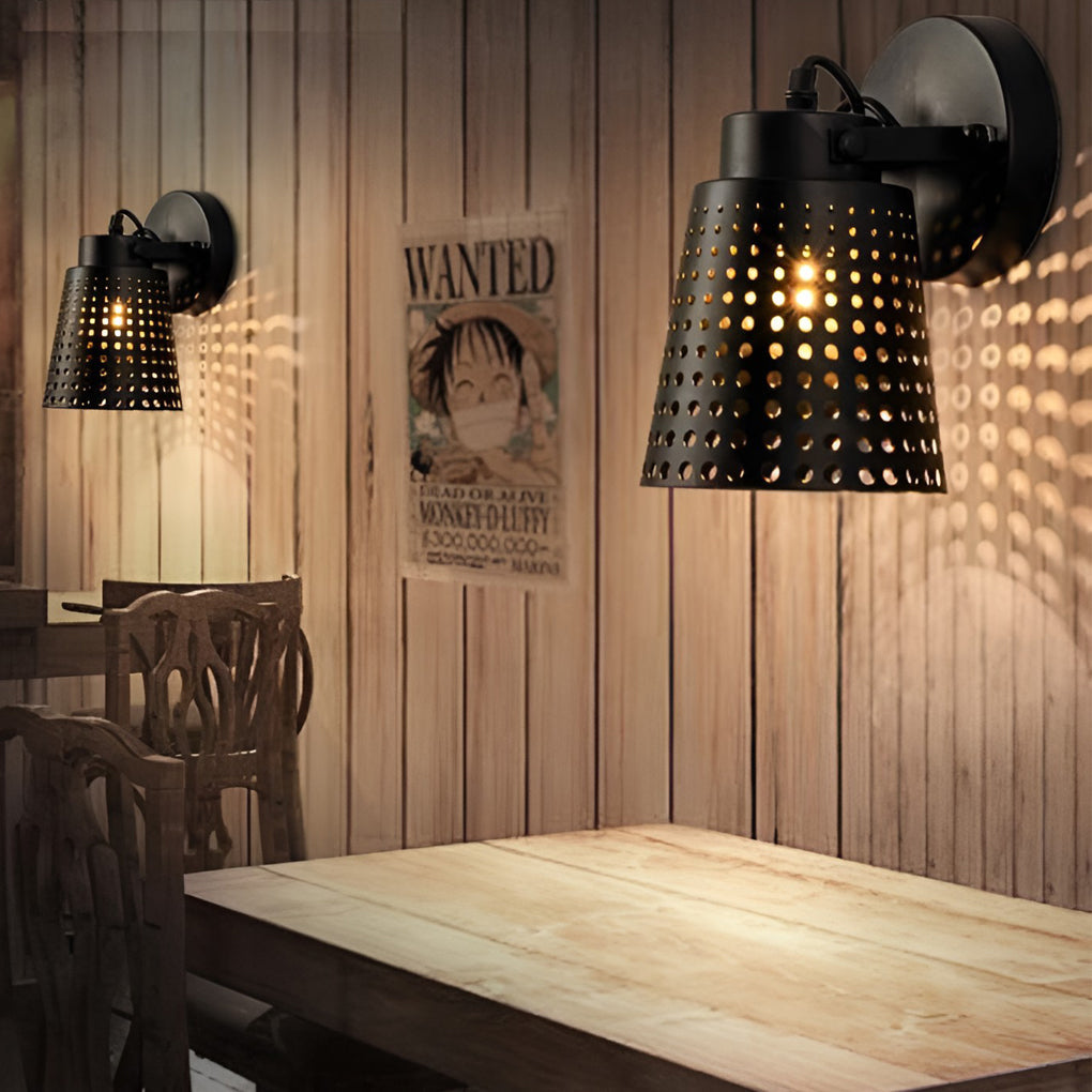 Adjustable Black Industrial-Style Plug-In Wall Sconce with Retro Hollow Iron Design