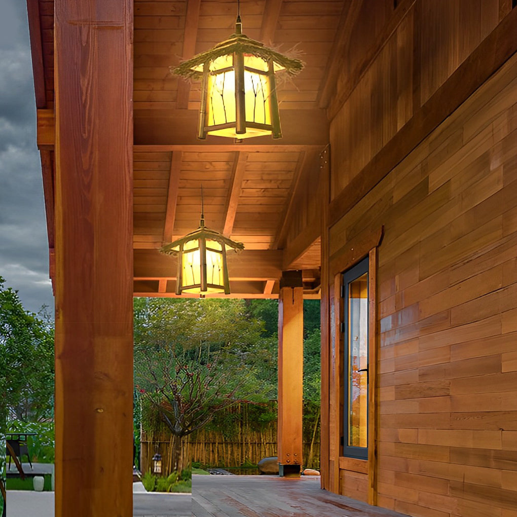 Branch Pattern Bamboo Lantern — Outdoor Hanging or Post Light, E27, Waterproof, 12" Rustic Farmhouse